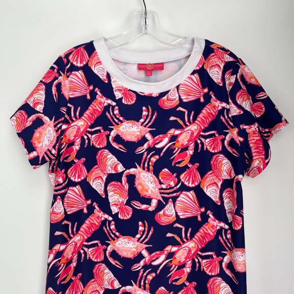 Kaeli Smith Navy Blue Red Pink Crab Lobster Short Sleeve Dress Women's Large L - Picture 3 of 10